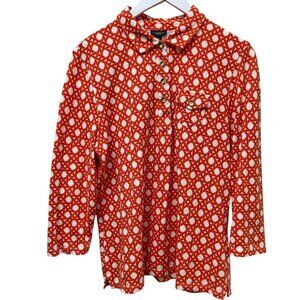TALBOTS Womens Polo Shirt L/XL Orange Print 3/4 Sleeve Pique Knit Preppy Top